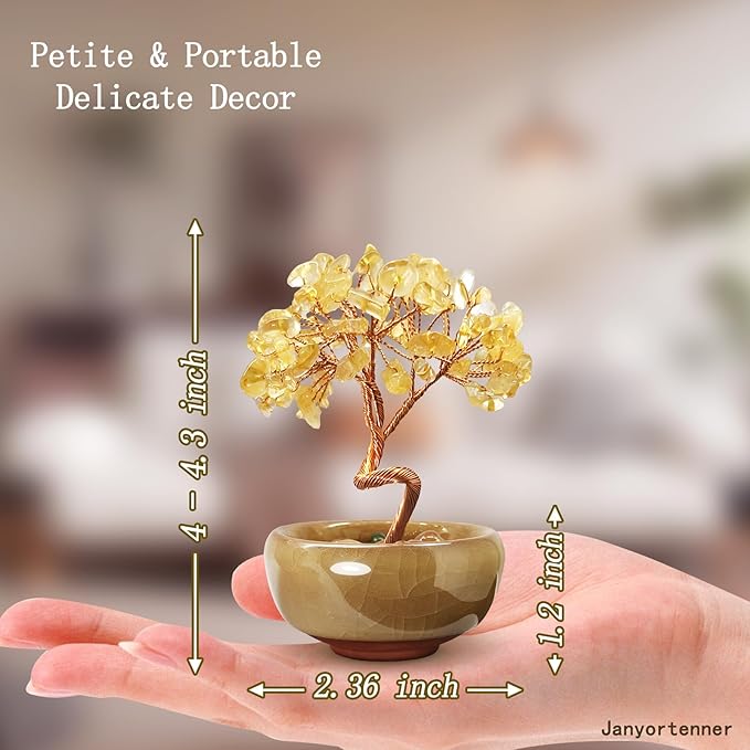 Mini Citrine Crystal Money Tree,Wealth Home Office Desk Decor,Handmade Copper Wire in Crackle Ceramic Base,Feng Shui Office Gift