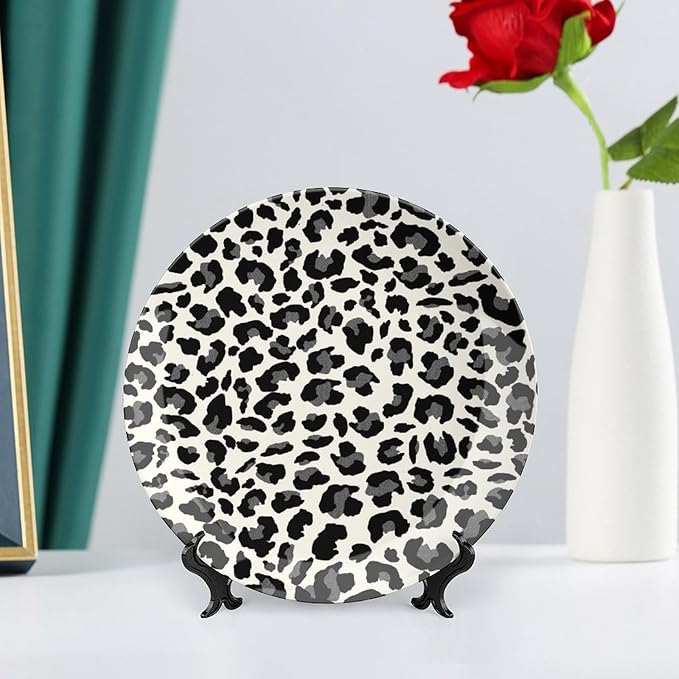 Plates Ceramic Leopard Animal Print Gray And Beige Customize Decor for Club Farmhouse Housewarming Gifts Home Blue And White Plates Unique Art with Stand, Multi Sizes by Choosing, Gifts for Men Women