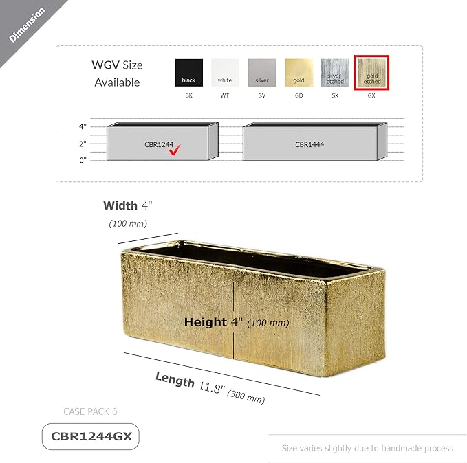 WGVI Long Rectangle Ceramic Planter Vase in Gold Etched 12" x 4" x 4"H, Block Rectangular Terrarium Box Pot, Flower Arrangement, Table top Centerpiece, Home Decor Storage Container, Bulk, 6 Pcs.