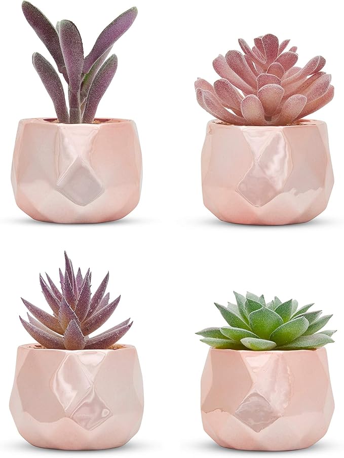 Nordik Set of 4 Desk Plants in Rose Gold - Office Decor for Women, Indoor, Living Room, Bedroom, Home and Desk Decor – Pink Faux Succulents Geometric Ceramic Planters