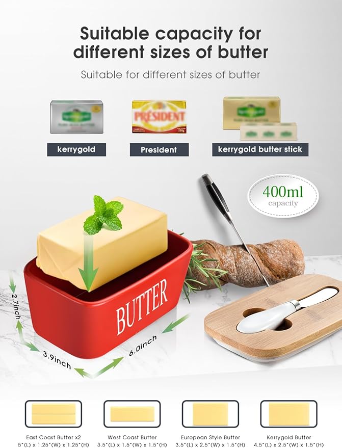 AISBUGUR Large Butter Dish with Lid Ceramics Butter Keeper Container with Knife and High- quality Silicone Sealing Butter Dishes with Covers Good Kitchen Gift Red 6.3 x 3.5 x 2.7 inches