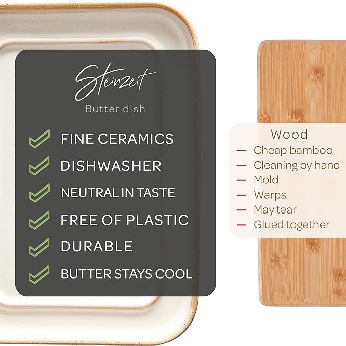 STEINZEIT Butter Dish with Lid (4.9 in x 6.9 in) - Ceramic Butter Dish - Large Butter Container for 2 pcs of Western Butter - Butter Dish with Lid for Countertop - Butter Holder Dishwasher Safe