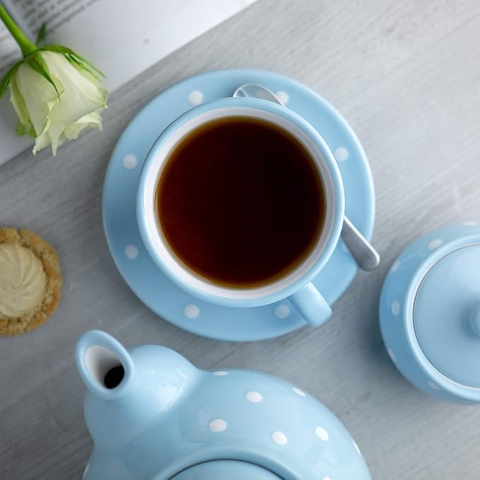City to Cottage Handmade Light Sky Blue and White Polka Dot Large Ceramic 12oz/350ml Cappuccino Coffee Tea Cup and Saucer, Unique Designer Pottery Gift for Tea Lovers