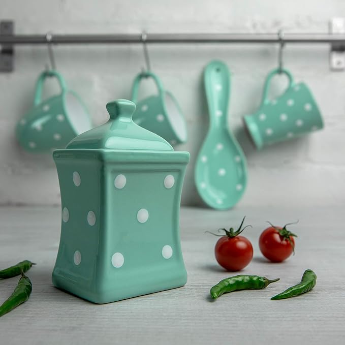City to Cottage Handmade Teal Blue and White Polka Dot Small 5.3oz/150ml Ceramic Kitchen Herb, Spice, Storage Jar with Lid, Pottery Canister, Housewarming Gift