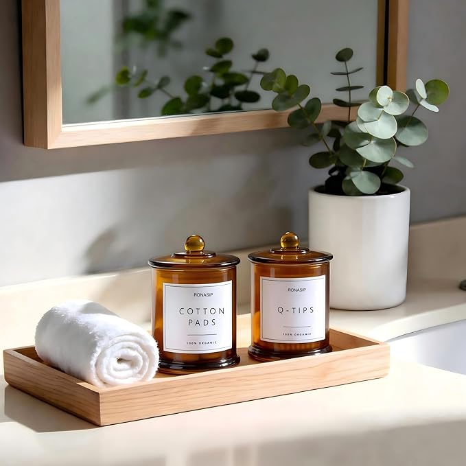 Qtip Holder & Cotton Pad Dispenser, Bathroom Organizer and Storage Canisters, 16oz Glass Apothecary Jars for Kitchen, Restroom - Home Decor Accessories, Room Decor Aesthetic (2 Pack, Amber)