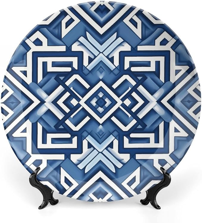 Navy Blue Geometric Ceramic Decorative Plate, Custom Bone China Decorative Plate for Festival Kitchen Table Decor, Unique Art with Stand Art Decorations for Club Farmhouse