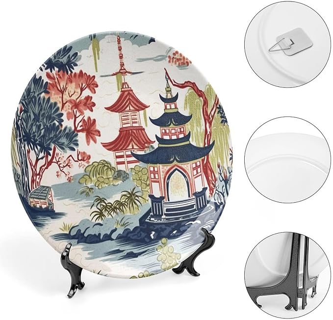 Chinoiserie Pagoda White Coral Blue Asian Decorative Plate of 6", 7", 9", 10", Customize Chinoiserie Decor Pagoda Bone China Decorative Plate, Festival Club Decorations Office, with Vertical Stand