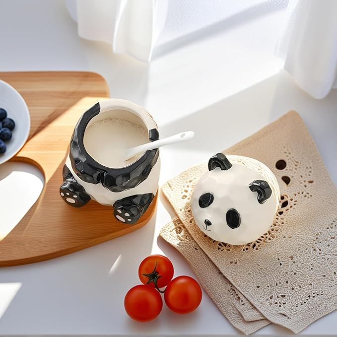 Panda Salt and Pepper Shakers, Cute 8oz Ceramic Spice Jar with Spoon, Animal Kitchen Countertop Decor, Novelty Gift for Cooks, Unique Shape