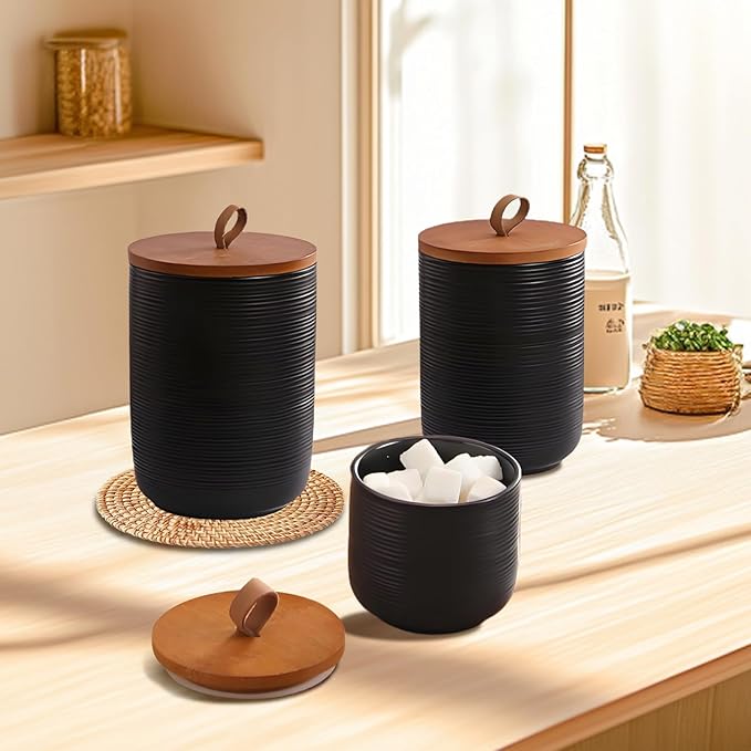 Food Storage Jar Strong Ceramic Storage Canisters with Airtight Wooden Lid,Kitchen Storage Containers for Serving Coffee Beans, Tea, Sugar, Salt, Spices (Little black 9 oz)