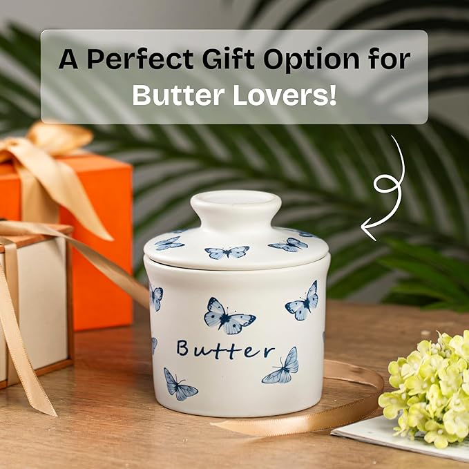 Stoneware Butter Crock with Lid, Ceramic Butter Dish with Water Line, Countertop Butter Keeper, Butter Holder for Countertop, Butterfly
