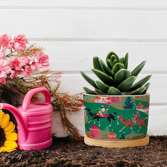 Bright Emerald Green Planter Ceramic Chinoiserie Decor Round Plant Pot with Drainage Holes and Bamboo Tray Pot for Home Desktop Office Windowsill