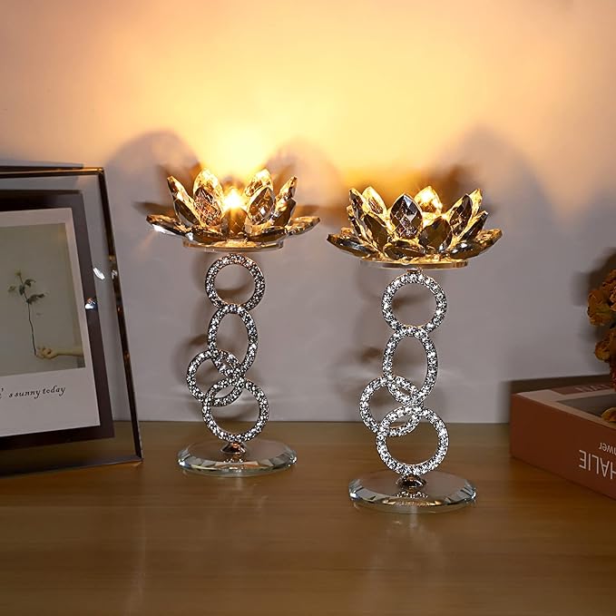 OwnMy Set of 2 Crystal Lotus Flower Candle Holders Metal Glass Lotus Pillar Candlestick Holders, Silver Crystal Lotus Tealight Candlesticks Votive Candle Stands for Wedding Table Centerpiece, 7.5" H