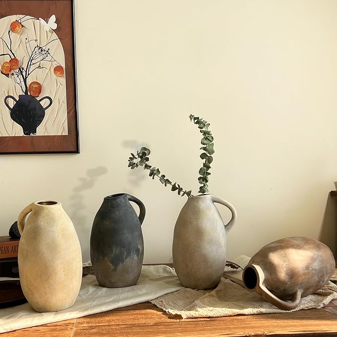 10.3 Inch Ceramic Rustic Farmhouse Vase with Handle, Vintage White Grey Pottery Flower Vase, Rustic Vase for Home Decor, Farmhouse Kitchen, Bedroom, Wedding, Thanksgiving Centerpiece