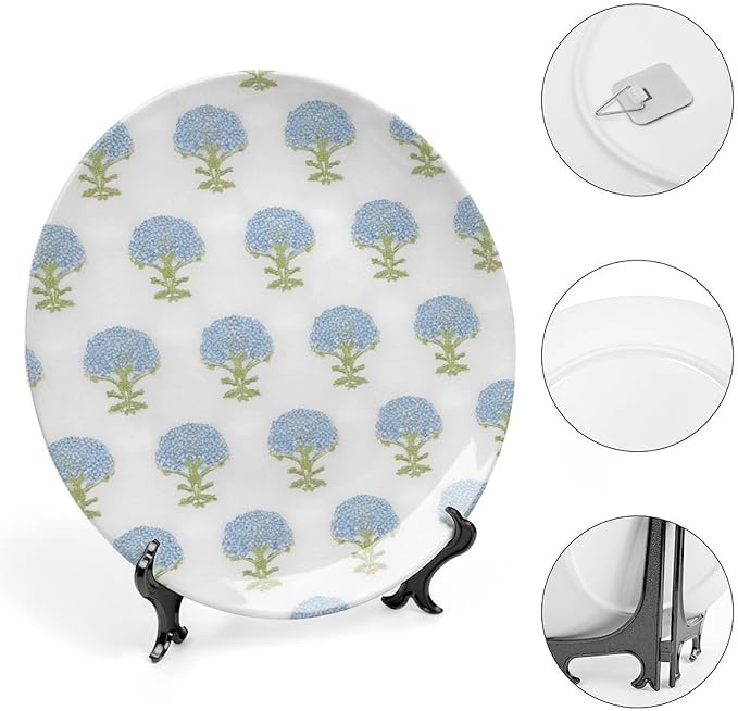 Hydrangea Springtime Blue Flower Ceramic Decorative Plate of 6", 7", 8", 10", Custom Christmas Design Wall Hanging Decoration Gifts Farmhouse Table Decorations Display, with Vertical Stand