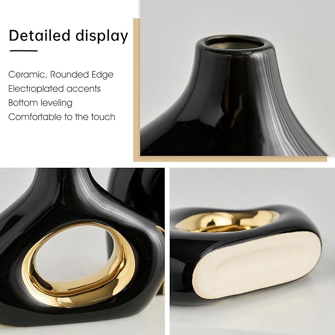 Modern Ceramic Donut Vase: Set of 2 -Minimalist Nordic Black and Gold Hollow Vase Home Decor for Kitchen Dining Table Centerpieces Living Room Bederoom Entryway Weddin