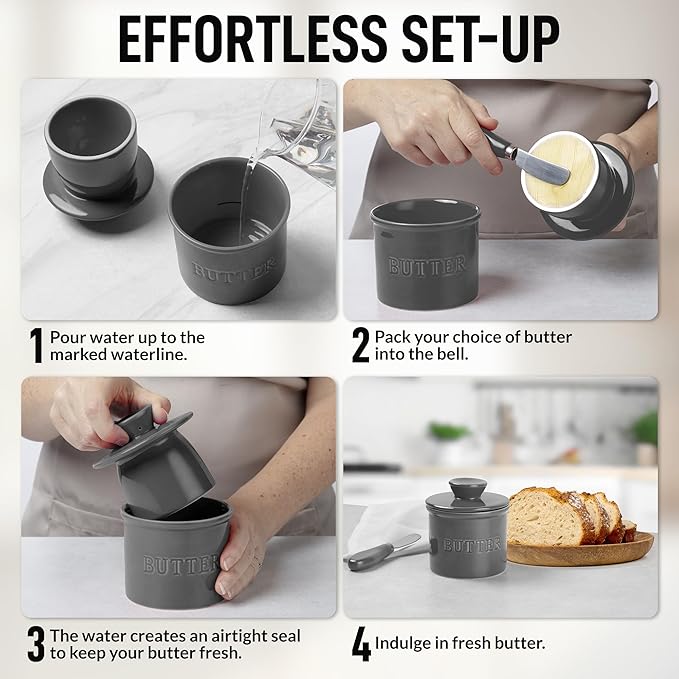 Zulay Kitchen Bell Shaped Butter Crock with Lid for Countertop with Water Line & Spreader Knife, Ceramic French Butter Dish Keeper For Fresh, Soft & Spreadable Butter - Gray