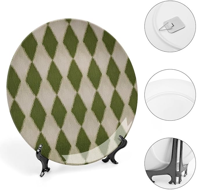 Custom Gifts Ceramic Decorative Plate, Geometric Ikat in Forest Green Wall Hanging Decorative Plate Wedding Unique Art with Stand, Country Decor for Kitchen Housewarming Gifts Wall, 6", 7", 8", 10"