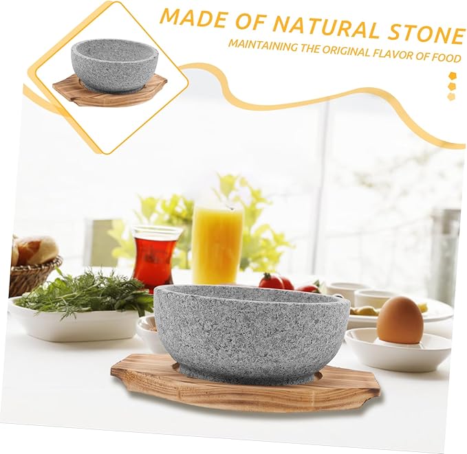 ABOOFAN Large Korean Stone Pot Bowl Deep Bibimbap Bowl Korean Style Serving Natural Stone Carbonized Wood Trivet