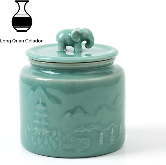 Sage Green Ceramic Storage Jar with Elephant Lid – Handmade Celadon Canister for Tea, Herbs & Spices, Airtight Jar for Kitchen, Feng Shui Gift & Home Décor