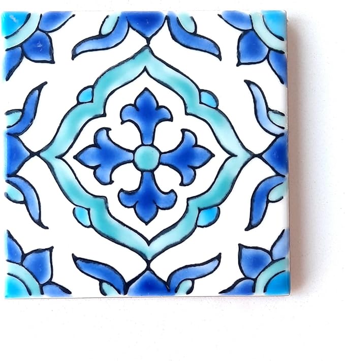 DŸARI Decorative Ceramic Tiles – Hand Painted Indoor & Outdoor Floor Tiles – Spanish Artisan Tile Top Kitchen – Mediterranean Decorative Tiles 4” × 4” – Durable Colorful Floor Tiles – 140 g (Eau V 6)