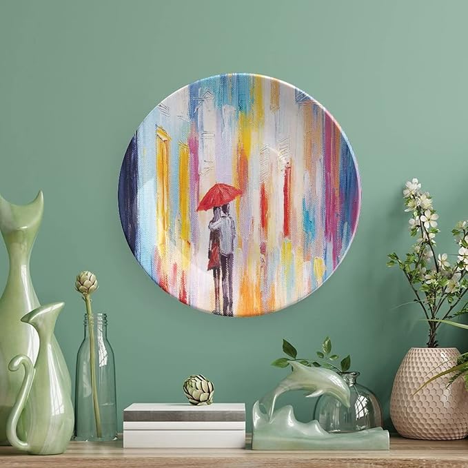 XISUNYA 6 Inch Decorative Plate,Love Decor Ceramic Stoneware, Love Couple in Street Rainy Day Romance Print Ceramic Wall Hanging Decor Accessory for Dining Table Tabletop Home Decor
