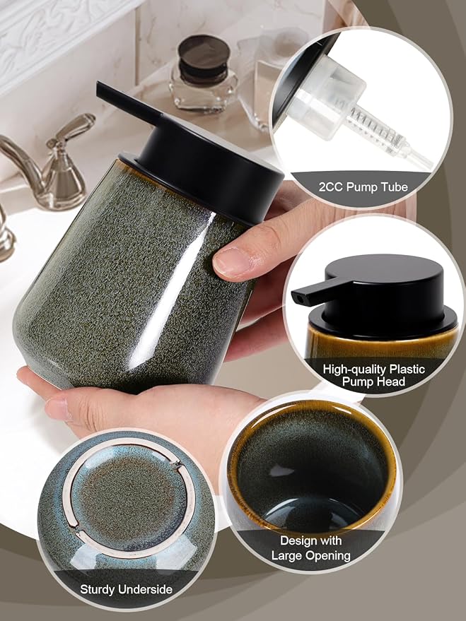 INGOFIN Ceramic Foaming Soap Dispenser -12oz Foam Hand Soap Dispenser Bathroom, Modern Refillable Dish Wash Soap Bottle for Kitchen with Large Pump -Kiln-Glazed Green