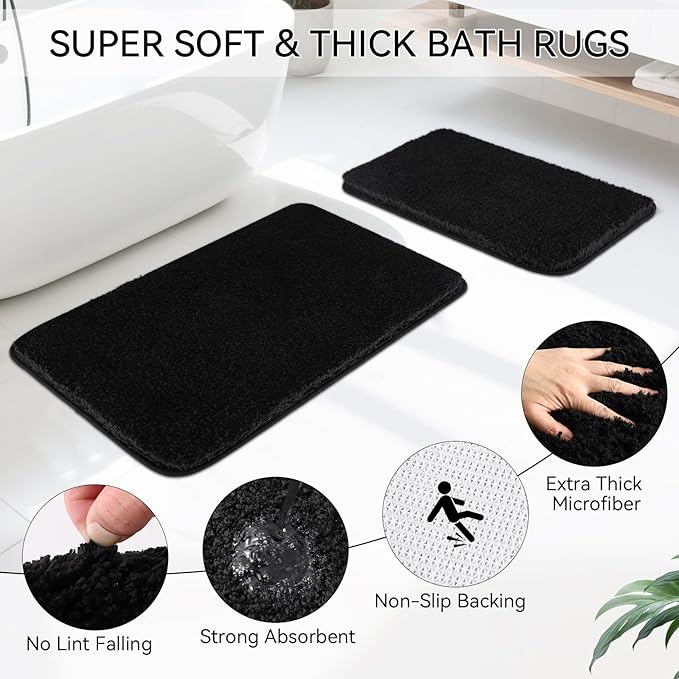 Black Bathroom Sets, Black Bathroom Accessories Set with Shower Curtain and No-Slip Bath Rugs, Natural Loofah Sponge, Soap Dispenser, Toothbrush Holder, Bathroom Tumbler and Tray for Bathroom