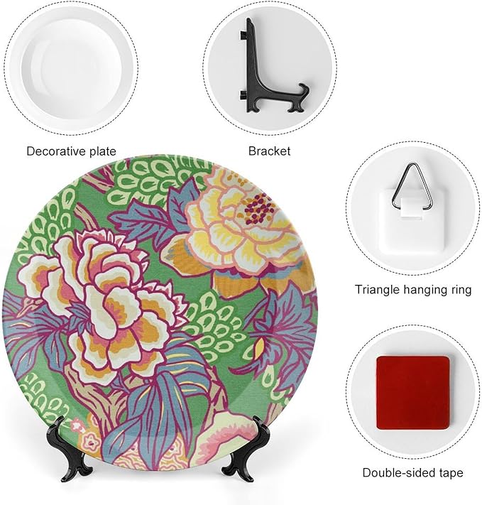 Green And Yellow Chinoiserie Peony Floral Vintage Plates, Asian Colorful Peony Customize Ceramic Salad Plates for Kitchen Wall Decor, with Vertical Stand Art Decorations for Home Household