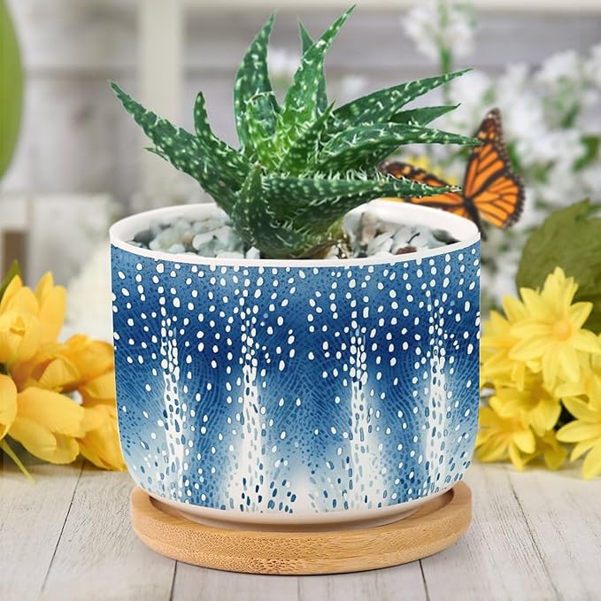 Navy Blue Modern Geometric Abstract Polka Dots Print Ceramic Flower Pots,Gardening Plant Pot with Drainage Holes And Saucers Round Ceramic Pots for Indoor Plants Succulent Herbs Cactus Pots