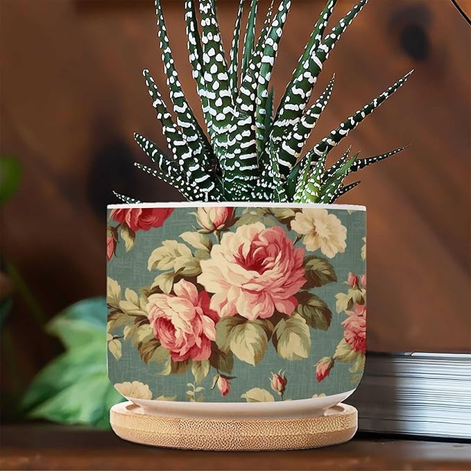 3 Piece Planters Ceramics Pink Cabbage Roses Romantic Small Ceramics Planter Cottage Chic Antique Pink Flower Ceramics Round Planter Asian Scenery Chinoiserie Plant Pot with Drainage