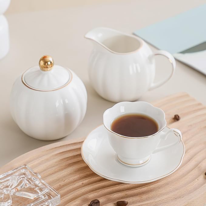 White Porcelain Demitasse Set of 8 (16-Piece) - 2.5oz Espresso Cups & Saucers, Elegant White & Gold Trim Coffee Set for Turkish Coffee, After Dinner, Gift Giving