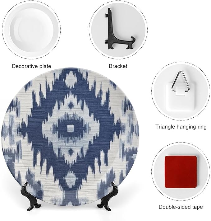 Navy Blue Grey Ikat China Plates of 6", 7", 9", 10", Customize Ceramic Ornaments Dessert Plates, Table Display Decorations Housewarming Gifts, with Display Stand And Hook Up