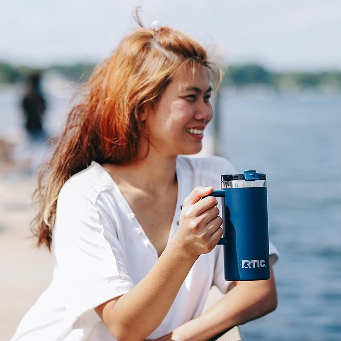 RTIC 16oz Road Trip Travel Mug with Lid and Handle, Insulated, Stainless Steel, Metal, Double Wall Vacuum-Insulation, Ceramic Lined, Portable Coffee, Tea Cup for Hot and Cold Drink, Denim
