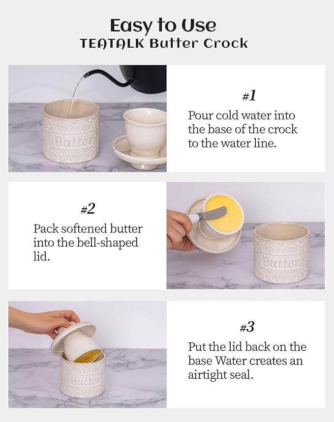 TEATALK Ceramic French Butter Crock - Vintage Relief Pattern Butter Keeper with Water Seal, 6.7oz Creamy White Butter Dish for Fresh Spreadable Butter, Farmhouse Kitchen Decor & Gift