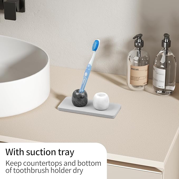 Toothbrush Holders, Marble Toothbrush Holder with Diatomaceous Earth Tray for Bathroom Countertop, Small Toothbrush and Toothpaste Holder Set with A Travel Bag (Black & White Set)