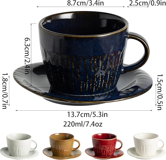 Ceramic Latte Cup with Saucer, 7 oz, Coffee Mug, Espresso Cups for Cappuccino, Milk Tea and Mocha, Dishwasher and Microwave Safe (blue)
