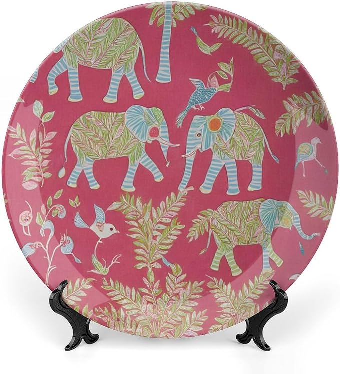 Animal Pink Chinoiserie Decorative Plate of 6", 7", 9", 10", Custom Wild Elephant Handmade Decorative Plate, Table Wedding Decorations Farmhouse, with Display Stand And Hook Up