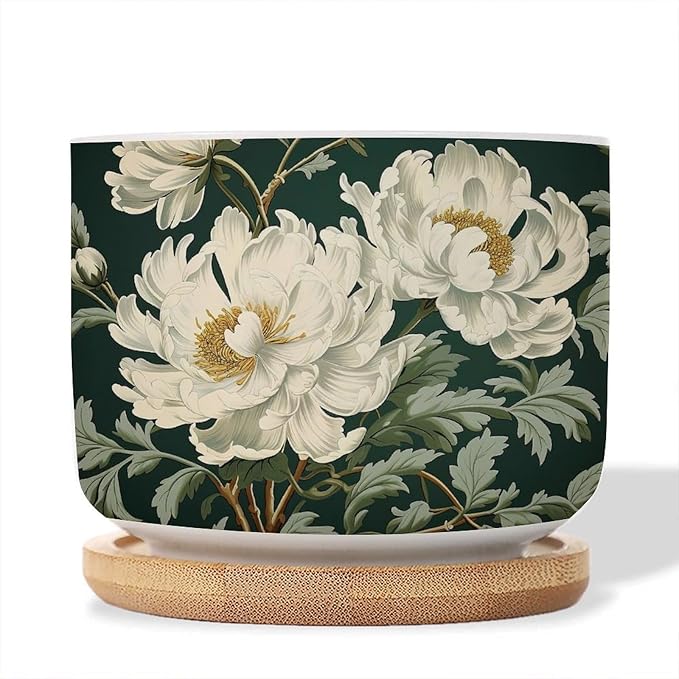 1 Piece Ceramics Planter Egg Green and White Floral Small Planters for Succulents White Chinoiserie Flower Planter for Succulents Chinoiserie Plant Pot with Drainage and Bamboo Tray