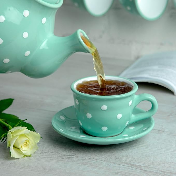 City to Cottage Handmade Teal Blue and White Polka Dot Ceramic 8.4oz/250ml | Cappuccino, Coffee, Tea Cup and Saucer, Unique Designer Pottery Gift for Tea Lovers