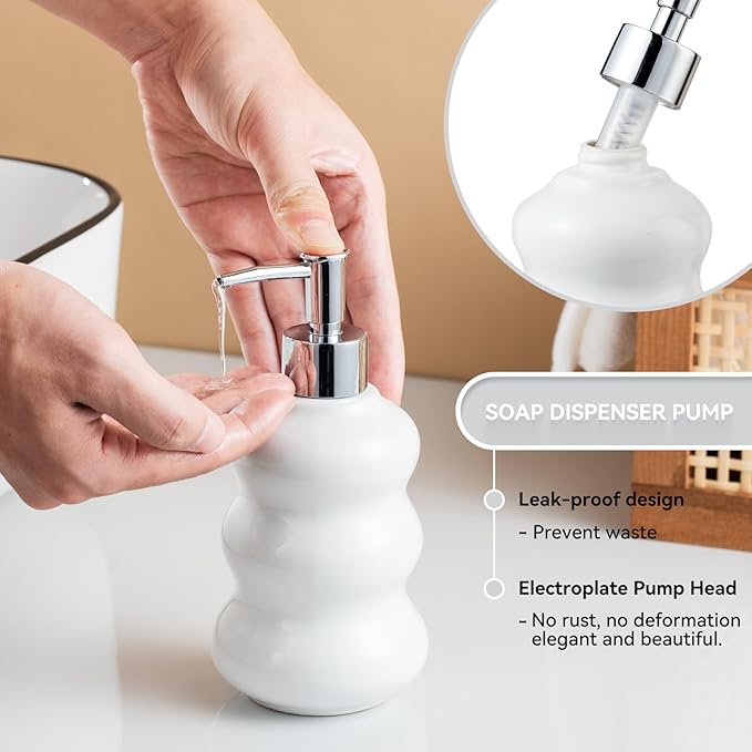 3-Piece White Ceramic Bathroom Accessories Set with Tray, Lotion Dispenser, and Tumbler for a Luxurious Bath Experience