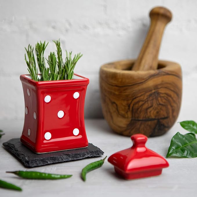 City to Cottage Handmade Small 5.3oz/150ml Ceramic Kitchen Herb, Spice, Storage Jar with Lid, Pottery Canister, Housewarming Gift (Red Polka Dot)
