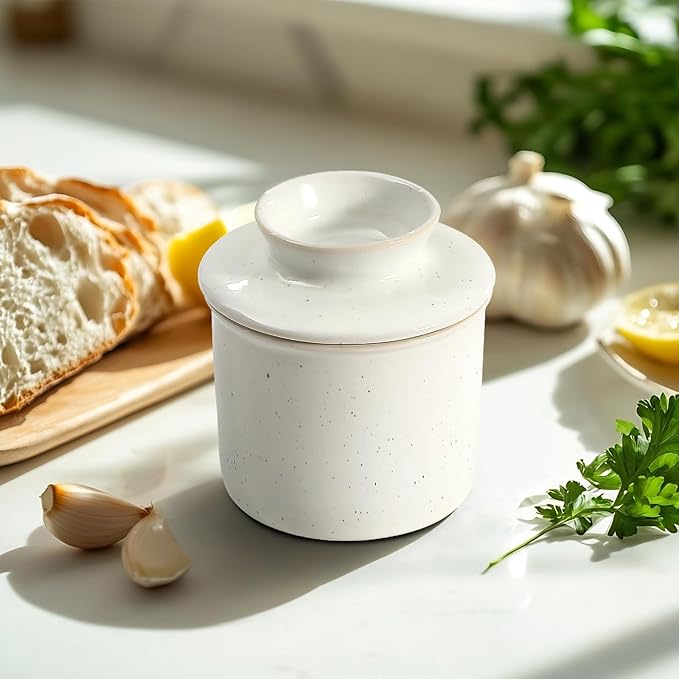 White Speckled French Butter Dish,Handmade Reactive Glaze Ceramic Butter Crock with Water Line for Speradable Fresh Butter