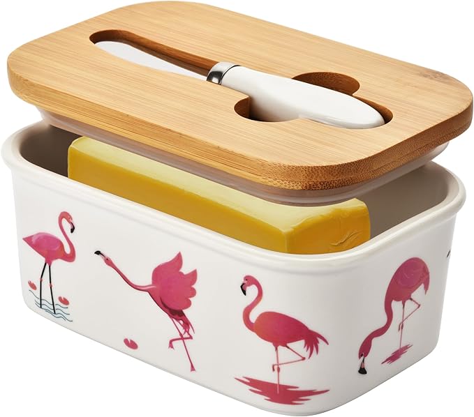 Pretty Sunflower Large Butter Dish with Lid for Countertop,Ceramic Covered Butter Holder with Knife for Fridge, Airtight Butter Keeper Container Storage for East West Coast Butter,White