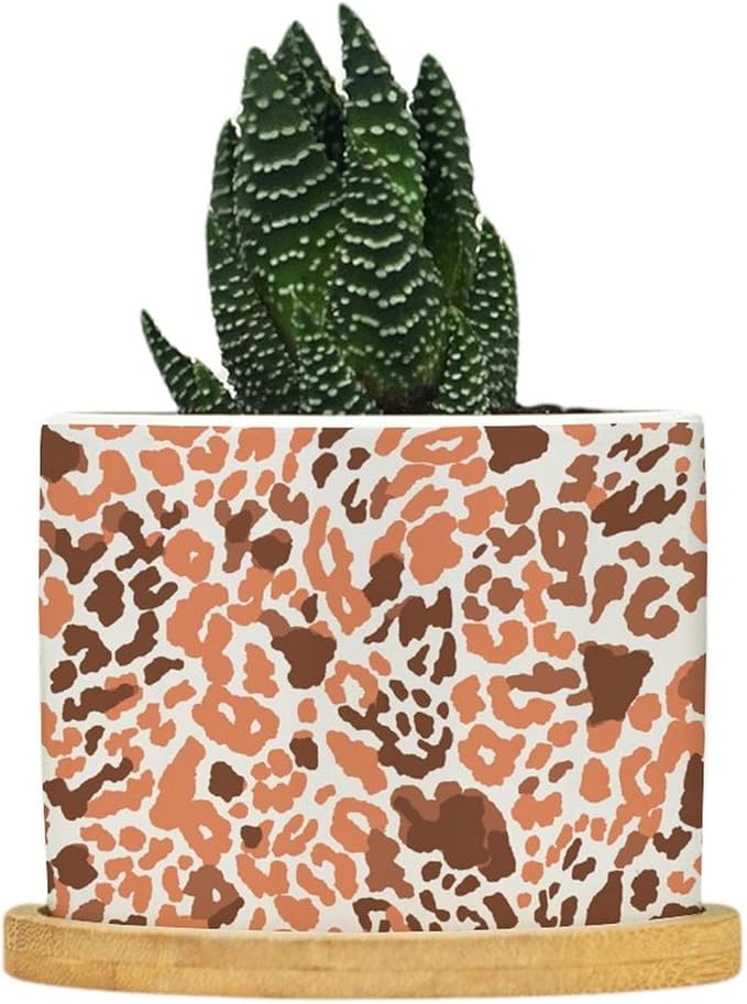 DreamAutumn Orange and Light Gray Leopard Ceramic Flower Pots,Gardening Plant Pot with Drainage Holes and Saucers Round Ceramic Pots for Indoor Plants Succulent Herbs Cactus Pots for Dad Papa Grandpa