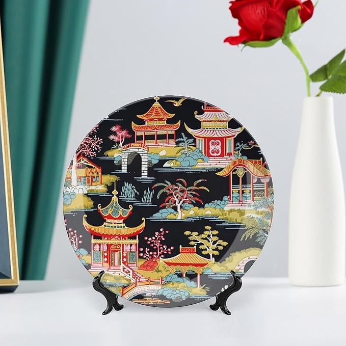 China Plates Chinoiserie Charcoal Coral Pagoda Asian Customize Decor for Wedding Farmhouse Art Decoration Kitchen Blue And White Plates with Vertical Stand, Multi Sizes, Gifts for Men Women