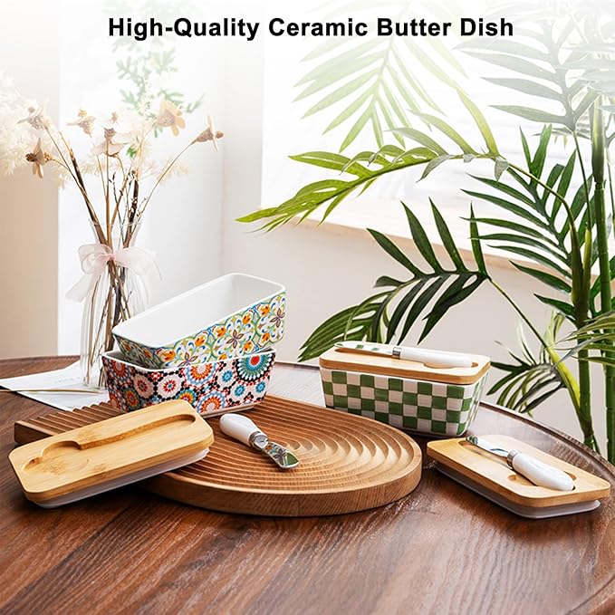Butter Dish with Lid and Knife – 350ml Ceramic Butter Container with Bamboo Lid, Floral Cottage-Style Pattern, Airtight Butter Keeper for Countertop or Fridge, Farmhouse Kitchen Decor (Print-3)
