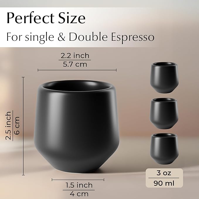 MIAMIO - Espresso Cups Set of 4 (3 oz) / Espresso Cup, Ceramic Espresso Cups, Handleless Mug, Japanese Tea Cups - Luxe Collection (Black)