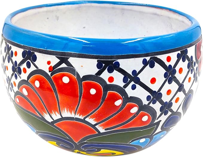 Cactus Canyon Ceramics Talavera Ceramic Planter, Hand-Painted Mexican Floral Print Plant Pot, Indoor Outdoor Round Bowl with Drainage Hole, Rustic Terracotta Decor, 8.5 Inch, Light Blue Multicolor