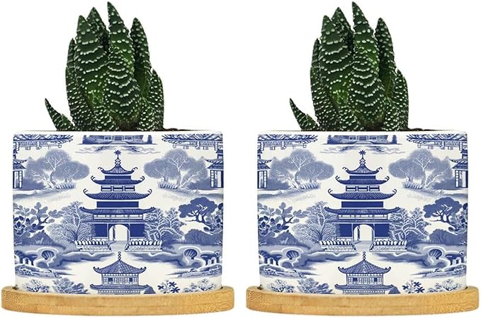 Chinoiserie Blue Asian Planters Ceramic Chinoiserie Chic Asian Round Plant Pot with Drainage Holes and Bamboo Tray Pot for Pots Outdoor Indoor Plants