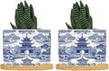 Chinoiserie Blue Asian Planters Ceramic Chinoiserie Chic Asian Round Plant Pot with Drainage Holes and Bamboo Tray Pot for Pots Outdoor Indoor Plants